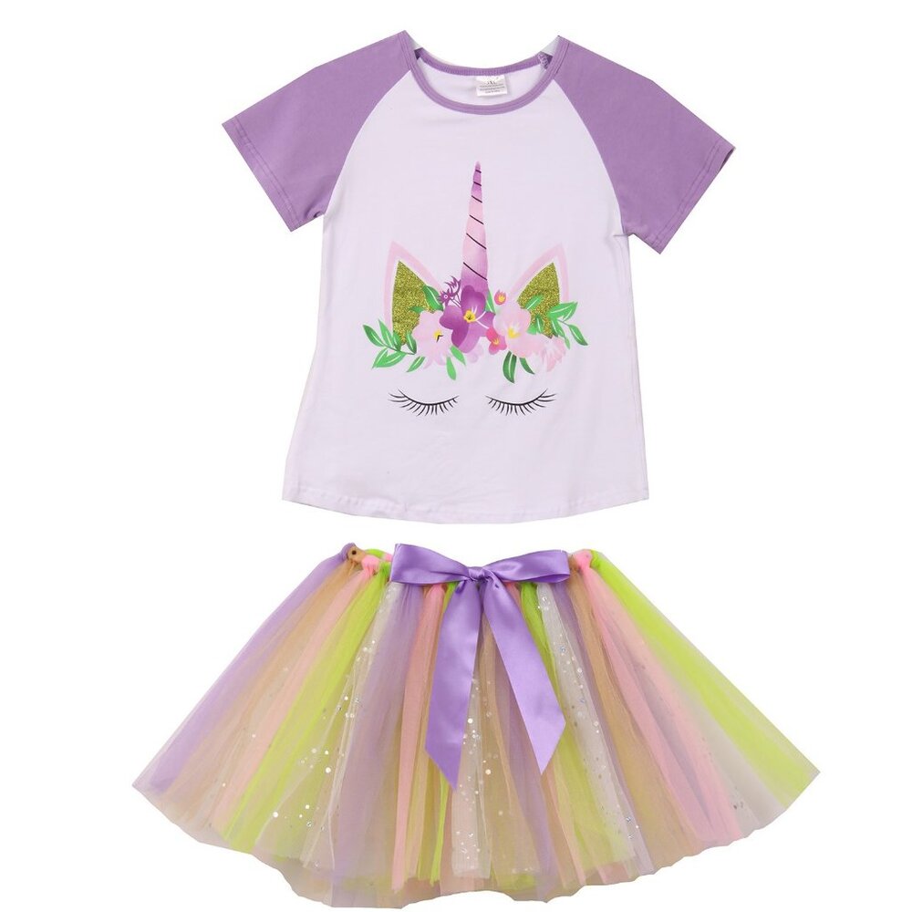 Toddler Girls Unicorn 2 PCS Floral Summer Clothing Skirt Dress Set Outfit Lilac